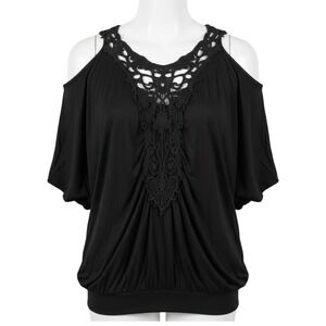Mon Amie XL Black Lace Cold Shoulder Boho Chic Dolman Batwing Sleeve Romantic